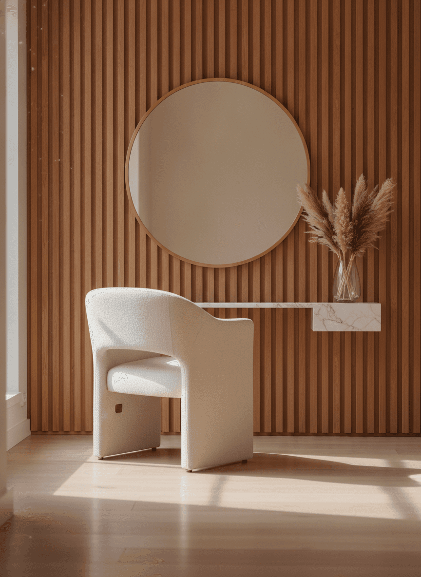 Het interieur van Styling by M met houten lamelwand en grote spiegel